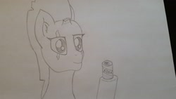 Size: 3264x1836 | Tagged: safe, artist:firestarter, tempest shadow, can, eye scar, scar, sketch, solo, tempest stole my drink, traditional art