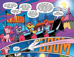 Size: 997x765 | Tagged: safe, artist:andypriceart, idw, carrot cake, cup cake, maud pie, pinkie pie, earth pony, pony, siege of the crystal empire, spoiler:comic, spoiler:comic37, comic, cropped, female, male, mare, official comic, party cannon, smoke, speech bubble, stallion, tent, windswept mane