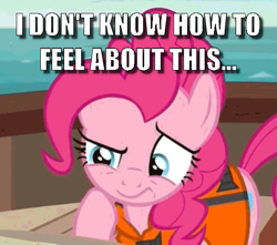 Size: 509x449 | Tagged: safe, edit, edited screencap, screencap, pinkie pie, earth pony, pony, ppov, caption, cropped, image macro, lifejacket, meme, solo, text