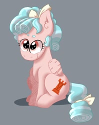 Size: 1024x1292 | Tagged: safe, artist:usagi-kinnie, cozy glow, pegasus, pony, beanbrows, cozybetes, cute, cutie mark, ear fluff, eyebrows, female, filly, gray background, looking up, simple background, sitting, smiling, solo