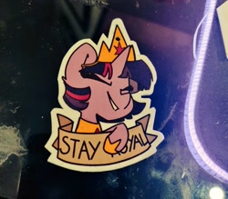 Size: 1024x895 | Tagged: safe, artist:bloodatius, twilight sparkle, twilight sparkle (alicorn), alicorn, bust, eyes closed, irl, jewelry, photo, pin, solo, text, tiara