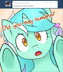 Size: 751x852 | Tagged: safe, artist:marikaefer, cloudchaser, flitter, lyra heartstrings, pony, unicorn, :o, ask, ask flitter and cloudchaser, blushing, bust, colored pupils, cute, fourth wall, fourth wall pose, humie, looking at you, lyrabetes, open mouth, portrait, that pony sure does love humans, tumblr, underhoof, wide eyes