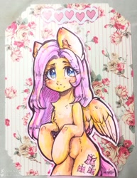 Size: 989x1280 | Tagged: safe, artist:zefirka, fluttershy, pegasus, pony, bipedal, chest fluff, cute, eye clipping through hair, female, heart, looking at you, mare, shyabetes, smiling, solo, spread wings, three quarter view, traditional art, wings