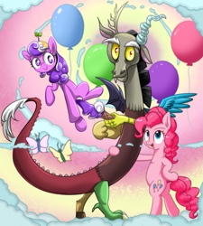 Size: 1437x1600 | Tagged: safe, artist:ce2438, artist:yinglongfujun, discord, pinkie pie, screwball, butterfly, draconequus, earth pony, pony, collaboration, balloon, cloud, topsy turvy