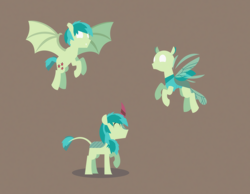 Size: 3242x2512 | Tagged: safe, artist:gd_inuk, sandbar, bat pony, changedling, changeling, kirin, pony, bat ponified, batbar, blank eyes, brown background, changedlingified, changelingified, empty eyes, eyes closed, flying, happy, kirin-ified, lineless, male, no mouth, no pupils, race swap, simple background, solo, species swap, spread wings, stylized, wings