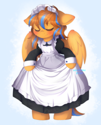 Size: 2338x2887 | Tagged: safe, artist:adostume, oc, oc:cold front, pegasus, semi-anthro, apron, blushing, clothes, commission, crossdressing, curtsey, cute, dress, eyes closed, maid, maid headdress, male, pegasus oc, solo, standing, watermark, wings, ych result