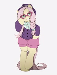 Size: 1620x2160 | Tagged: safe, artist:umeguru, fluttershy, pegasus, pony, fake it 'til you make it, alternate hairstyle, bipedal, clothes, eye clipping through hair, female, glasses, hat, hipstershy, hoof on hip, looking at you, mare, simple background, solo, sweater, white background