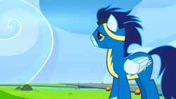 Size: 1280x720 | Tagged: safe, screencap, soarin', pegasus, parental glideance, clothes, goggles, male, solo, stallion, uniform, wonderbolts, wonderbolts uniform