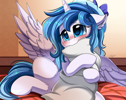 Size: 2516x1989 | Tagged: safe, artist:pridark, oc, oc only, alicorn, pony, alicorn oc, blushing, commission, cute, female, hnnng, hug, mare, ocbetes, pillow, pillow hug, shy, solo