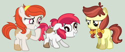 Size: 1624x684 | Tagged: safe, artist:strawberry-spritz, oc, oc:api apple, oc:audine tone, oc:butterscotch blossom, earth pony, pony, base used, blank flank, bow, derp, female, filly, frown, gray background, grin, hair bow, hairband, interdimensional siblings, laughing, offspring, parent:apple bloom, parent:pipsqueak, parents:pipbloom, piebald colouring, raised hoof, simple background, smiling, unamused