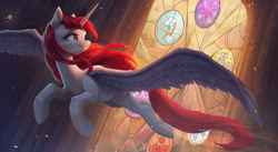 Size: 3940x2160 | Tagged: safe, artist:vanillaghosties, oc, oc only, oc:fausticorn, alicorn, pony, alicorn oc, cutie mark, female, flying, lauren faust, mare, smiling, solo, spread wings, stained glass, wings