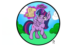 Size: 3000x1920 | Tagged: safe, artist:dawn-designs-art, twilight sparkle, twilight sparkle (alicorn), alicorn, pony, circle, happy, levitation, magic, quill, quill pen, scroll, solo, telekinesis