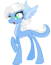 Size: 653x828 | Tagged: safe, artist:mcwolfity, oc, oc only, oc:sapphire shard, dracony, dragon, hybrid, pony, female, interspecies offspring, offspring, open mouth, parent:rarity, parent:spike, parents:sparity, raised hoof, simple background, smiling, solo, white background