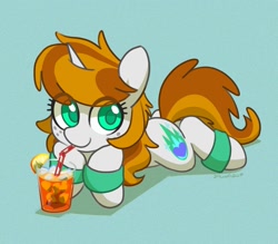 Size: 2031x1778 | Tagged: safe, artist:dawnfire, part of a set, oc, oc only, pony, unicorn, bendy straw, commission, cup, drink, drinking straw, eye clipping through hair, female, freckles, ice, leg warmers, looking at you, lying down, mare, prone, solo, straw