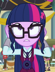 Size: 524x675 | Tagged: safe, screencap, heath burns, sci-twi, twilight sparkle, equestria girls, friendship games, bowtie, clothes, cropped, crystal prep academy uniform, decoration, female, glasses, magic capture device, school uniform