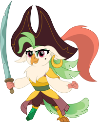 Size: 1218x1500 | Tagged: safe, artist:cloudyglow, captain celaeno, anthro, bird, digitigrade anthro, parrot, my little pony: the movie, amputee, badass, celaenobetes, chibi, cute, ear piercing, earring, female, hat, jewelry, parrot pirates, piercing, pirate, pirate hat, prosthetic limb, prosthetics, simple background, solo, sword, transparent background, weapon