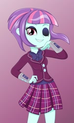 Size: 1280x2131 | Tagged: safe, artist:diilaycc, sunny flare, equestria girls, adoraflare, bowtie, clothes, crystal prep academy uniform, cute, eyeshadow, looking at you, makeup, one eye closed, plaid skirt, pleated skirt, school uniform, skirt, smiling, solo, sunny flare's wrist devices, wink
