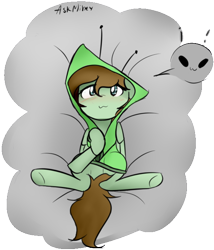 Size: 558x652 | Tagged: safe, artist:lofis, oc, oc:mint chocolate, alien, pegasus, pony, area 51, blushing, clothes, cloud, female, hoodie, lying on bed, september 20th, simple background, solo, tail, transparent background, wings