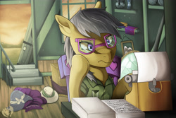 Size: 3600x2400 | Tagged: safe, artist:kenisu-of-dragons, a.k. yearling, daring do, pony, a.k. yearling's cottage, book, clothes, door, dress, glasses, hat, hoof on chin, open door, paper, solo, thinking, typewriter, watermark
