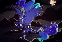 Size: 1900x1300 | Tagged: safe, artist:finchina, nightmare moon, armor, cloud, cutie mark, ethereal mane, face paint, flying, glowing eyes, helmet, jewelry, leonine tail, moon, night, regalia, solo, spread wings, starry mane, starry night, stars, tail feathers, wings