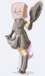 Size: 868x1456 | Tagged: safe, artist:ravenpuff, oc, oc only, oc:paper bag, anthro, unguligrade anthro, anthro oc, black socks, clothes, dress, female, gloves, goth, hat, long gloves, mare, paper bag, shoes, simple background, socks, white background