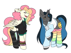 Size: 2732x2048 | Tagged: safe, artist:blacksky1113, artist:icey-wicey-1517, color edit, edit, oc, oc only, oc:cheery candy, oc:tough cookie (ice1517), pegasus, pony, unicorn, collaboration, cheerycookie, clothes, clothes swap, colored, cute, ear piercing, earring, eyes closed, eyeshadow, female, hoodie, jewelry, lesbian, makeup, mare, multicolored hair, oc x oc, open mouth, piercing, rainbow hair, rainbow socks, raised hoof, shipping, simple background, socks, striped socks, transparent background, wristband