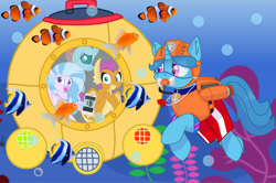 Size: 1080x715 | Tagged: safe, artist:rainbow eevee edits, artist:徐詩珮, ocellus, silverstream, smolder, spring rain, pony, unicorn, series:sprglitemplight diary, series:sprglitemplight life jacket days, series:springshadowdrops diary, series:springshadowdrops life jacket days, alternate universe, clothes, cute, lifeguard, lifeguard spring rain, paw patrol, smolderbetes, snorkeling