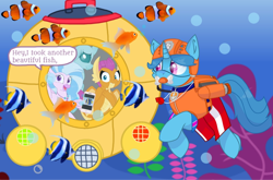 Size: 1080x713 | Tagged: safe, artist:rainbow eevee edits, artist:徐詩珮, ocellus, silverstream, smolder, spring rain, pony, unicorn, series:sprglitemplight diary, series:sprglitemplight life jacket days, series:springshadowdrops diary, series:springshadowdrops life jacket days, alternate universe, clothes, cute, dialogue, lifeguard, lifeguard spring rain, paw patrol, smolderbetes, snorkeling, submarine