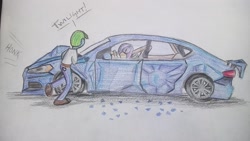 Size: 1191x670 | Tagged: safe, artist:pabrony83, sci-twi, twilight sparkle, oc, oc:azure glide, equestria girls, broken glass, car, car accident, ford, ford fusion, implied lesbian, implied scitwishimmer, implied shipping, implied sunsetsparkle, police officer, running, traditional art, unconscious