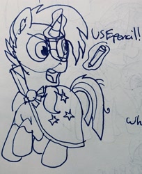 Size: 2427x2971 | Tagged: safe, artist:rainbow eevee, sunburst, pony, angry, cape, clothes, dialogue, drawing, glasses, glowing horn, horn, lineart, male, pencil, solo, traditional art