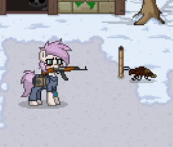 Size: 303x258 | Tagged: safe, oc, oc:astral comet, cockroach, insect, pony, radroach, fallout equestria, ak, ak-47, ashes town, assault rifle, fallout, female, gun, gun in mouth, pony town, rifle, weapon