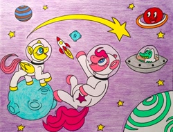 Size: 3482x2643 | Tagged: safe, derpibooru import, fluttershy, gummy, pinkie pie, earth pony, pegasus, pony, asteroid, astronaut, floating, flying saucer, happy, moon, planet, rocket, shooting star, space, spacesuit, stars, traditional art