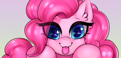 Size: 3000x1457 | Tagged: safe, artist:yutakira92, pinkie pie, earth pony, pony, :p, big eyes, bust, cute, diapinkes, ear fluff, eye clipping through hair, gradient background, heart eyes, looking at you, lurking, portrait, smiling, solo, tongue out, wingding eyes