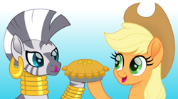 Size: 1618x900 | Tagged: safe, artist:cloudyglow, applejack, zecora, earth pony, pony, zebra, applejack's hat, bracelet, cowboy hat, duo, ear piercing, earring, female, food, gradient background, hat, jewelry, mare, movie accurate, necklace, pie, piercing, tongue out