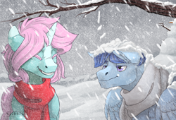 Size: 1250x850 | Tagged: safe, artist:marinavermilion, artist:vermilion, oc, oc only, oc:frosty snowcone, oc:scoops, pegasus, pony, unicorn, blaze (coat marking), clothes, coat markings, female, freckles, grumpy, horn, laughing, male, mare, scarf, smiling, snow, stallion, tree branch, wings