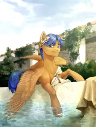 Size: 1890x2500 | Tagged: safe, artist:svelen, oc, oc only, oc:crushingvictory, pegasus, pony, clothes, greece, smiling, spread wings, swimming pool, toga, wings, wreath, ych result