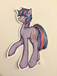 Size: 720x960 | Tagged: safe, artist:majkarogo, twilight sparkle, unicorn twilight, pony, unicorn, cutie mark, cutout, female, looking at you, mare, raised hoof, smiling, solo, traditional art