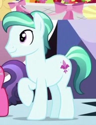 Size: 235x305 | Tagged: safe, screencap, crystal pony, earth pony, pony, the beginning of the end, background pony, cropped, male, offscreen character, raised hoof, regal flower, smiling, solo focus, stallion