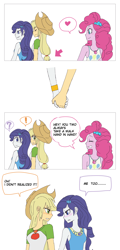 Size: 2448x5117 | Tagged: safe, artist:haibaratomoe, applejack, pinkie pie, rarity, equestria girls, equestria girls series, blushing, clothes, comic, cute, dialogue, diapinkes, female, geode of shielding, geode of sugar bombs, geode of super strength, holding hands, jackabetes, lesbian, magical geodes, raribetes, rarijack, shipper on deck, shipping