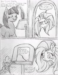 Size: 1514x1945 | Tagged: safe, artist:petanoprime, fluttershy, spike, twilight sparkle, unicorn twilight, dragon, pegasus, pony, unicorn, comic, cute, dialogue, eyes closed, female, glowing horn, grayscale, heart attack, horn, magic, male, mare, monochrome, nervous, quill, shyabetes, telekinesis, traditional art, weapons-grade cute, writing