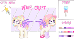 Size: 1500x800 | Tagged: safe, artist:peachesandcreamated, oc, oc only, oc:wish craft, bat pony, pony, bat pony oc, female, hat, magic wand, mare, multicolored hair, rainbow hair, reference sheet, simple background, staff, transparent background