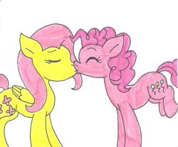 Size: 1037x860 | Tagged: safe, artist:cmara, fluttershy, pinkie pie, earth pony, pegasus, pony, eyes closed, female, flutterpie, kissing, lesbian, mare, raised leg, shipping, simple background, traditional art, white background