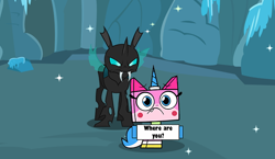 Size: 652x379 | Tagged: safe, artist:dashiesparkle, artist:faze-alan-mskull2019, artist:roxy-cream, thorax, changeling, angry, cave, crossover, female, holding sign, kitten, male, sign, unikitty, unikitty! (tv series), worried