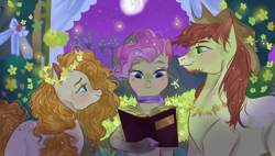 Size: 3000x1698 | Tagged: safe, artist:bunnari, bright mac, mayor mare, pear butter, earth pony, pony, the perfect pear, body freckles, book, brightbutter, eye contact, female, floral head wreath, flower, freckles, looking at each other, male, mare, mare in the moon, marriage, moon, non-dyed mayor, scene interpretation, shipping, stallion, straight, wedding