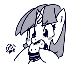 Size: 677x597 | Tagged: safe, artist:fipoki, twilight sparkle, pony, black and white, blush sticker, blushing, burger, cute, eating, eye clipping through hair, eyebrows visible through hair, female, food, grayscale, mare, monochrome, nom, simple background, solo, twiabetes, twilight burgkle, white background