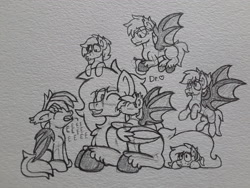 Size: 2576x1932 | Tagged: safe, artist:drheartdoodles, oc, oc only, oc:bramble, oc:coffee, oc:crumble, oc:dr.heart, oc:quantum melody, bat pony, blushing, clydesdale, eeee, group photo, kiss on the cheek, kissing, size difference, traditional art