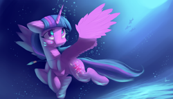 Size: 4350x2500 | Tagged: safe, artist:auroriia, twilight sparkle, twilight sparkle (alicorn), alicorn, pony, absurd resolution, bubble, female, holding breath, mare, solo, swimming, underwater, updated