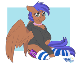 Size: 2637x2170 | Tagged: safe, artist:xwhitedreamsx, oc, oc:odissey flash, pegasus, clothes, collar, female, glasses, hoodie, mare, socks, solo, striped socks