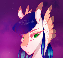 Size: 2400x2231 | Tagged: safe, artist:finchina, oc, oc only, pony, blaze (coat marking), bust, cheek feathers, female, gift art, lidded eyes, looking at you, mare, night, solo, stars