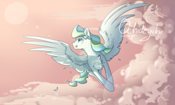 Size: 810x485 | Tagged: safe, artist:ochideyiku, vapor trail, pegasus, pony, chest fluff, cloud, female, flying, lens flare, mare, sky, smiling, solo